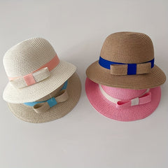 Girls Straw Sun Hat with Bow - Sunshade Bucket Hat