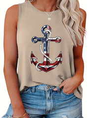  Casual Tank Top Women's Flag Anchor Print Round Neck Tank Top