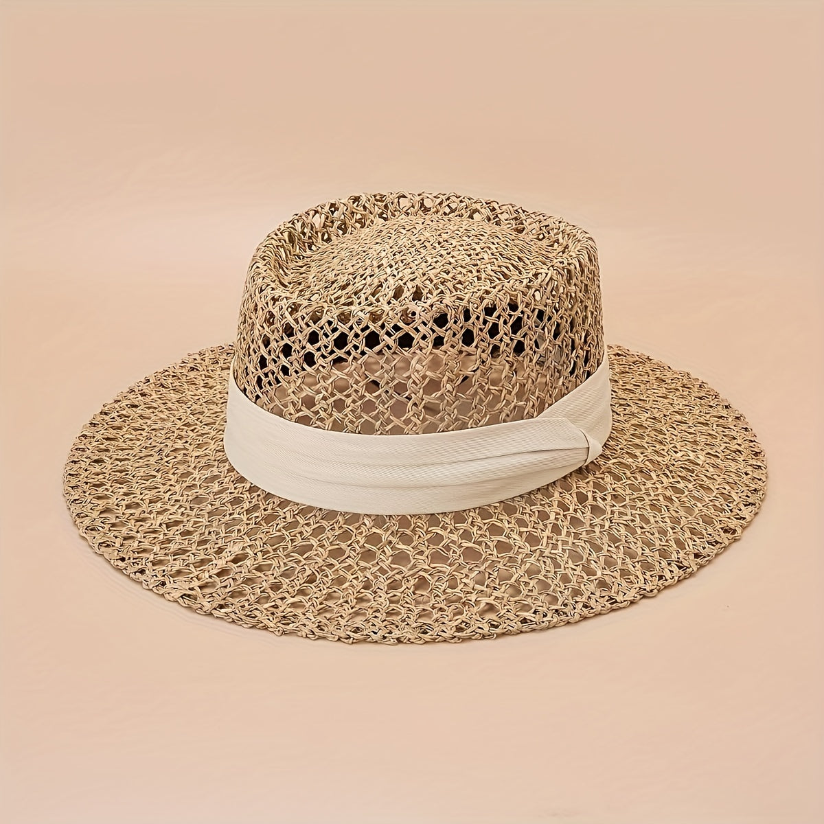 Flat Top Summer Sun Hat Hollow Straw Hat British Jazz Fedora Cap