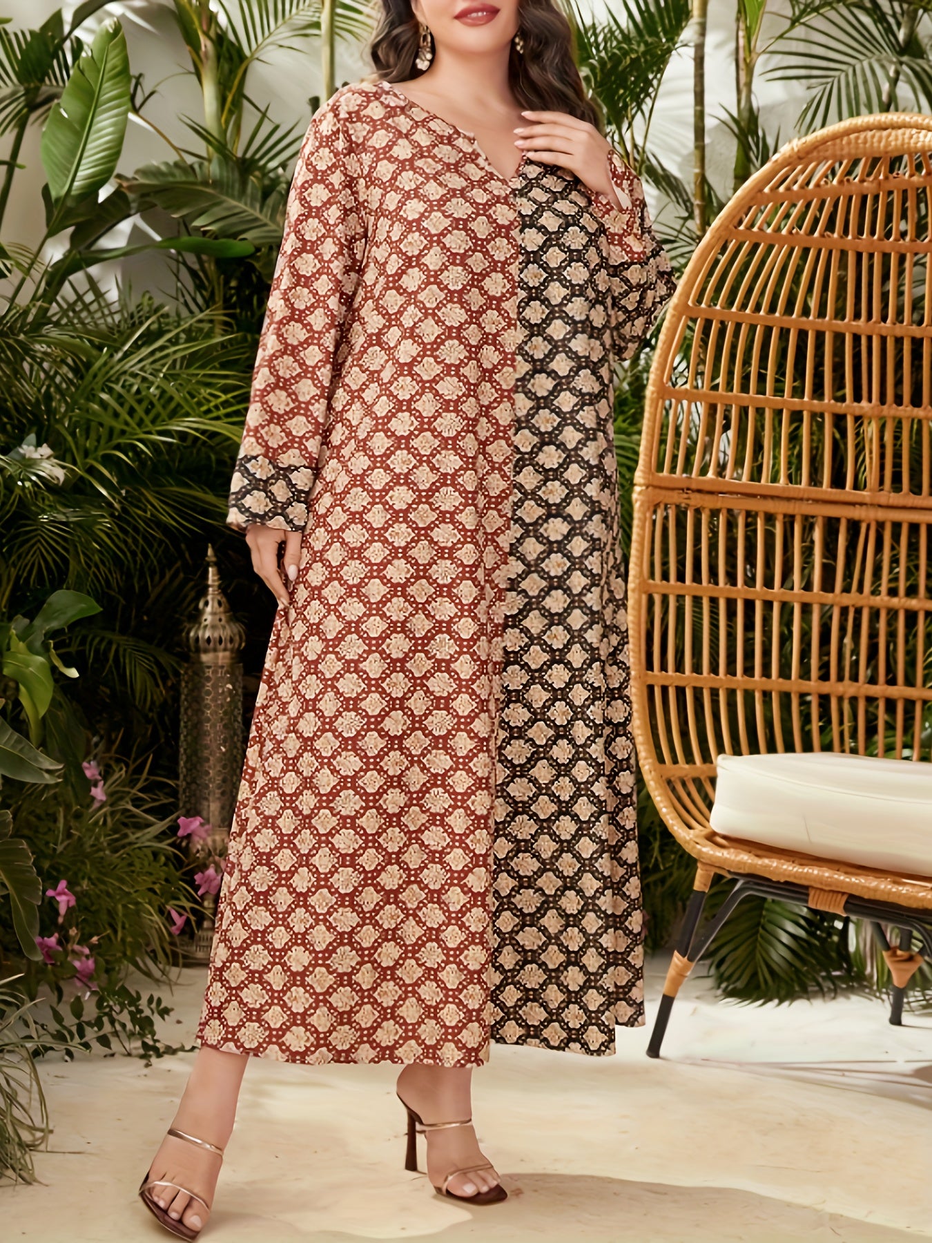  Boho Abaya Dress Women's Plus Colorblock Allover Print Long Sleeve