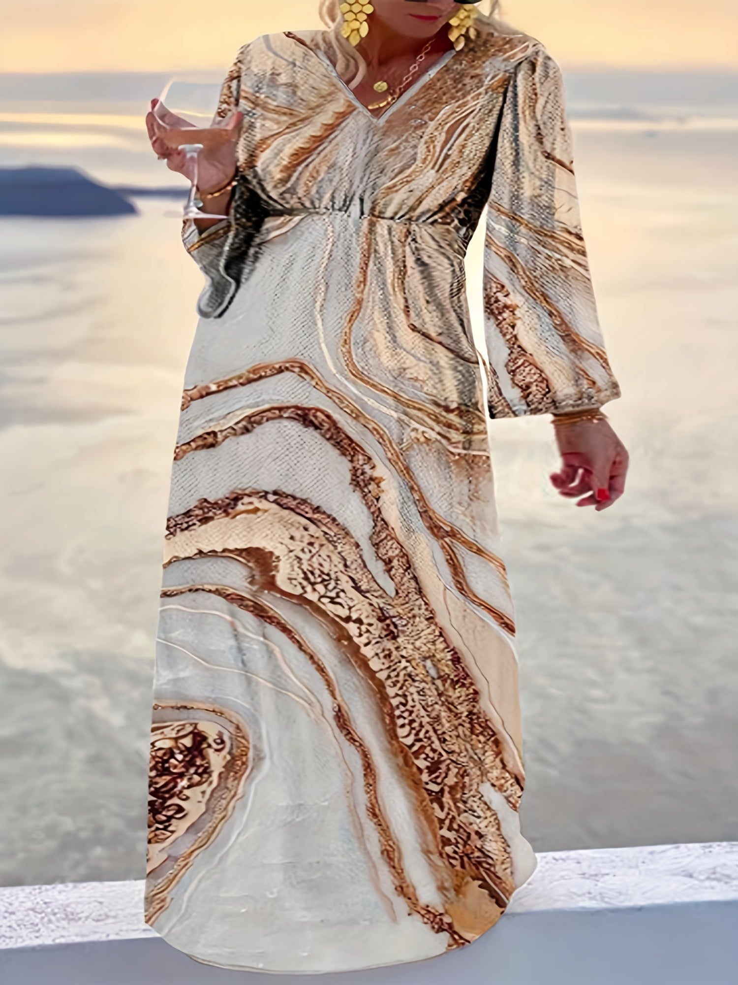  Marble Print Long Sleeve V Neck Pleated Dress