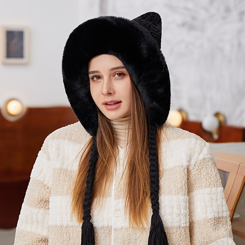 Women's Winter Pom Beanie Hat Fluffy Knit Cat Fox Ear Faux Fur Skull Cap