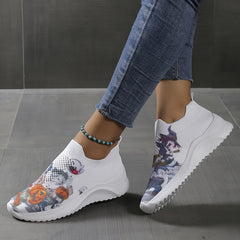 Women's Pumpkin Pattern Sneakers Low Round Toe Non slip Knit Breathable Shoes