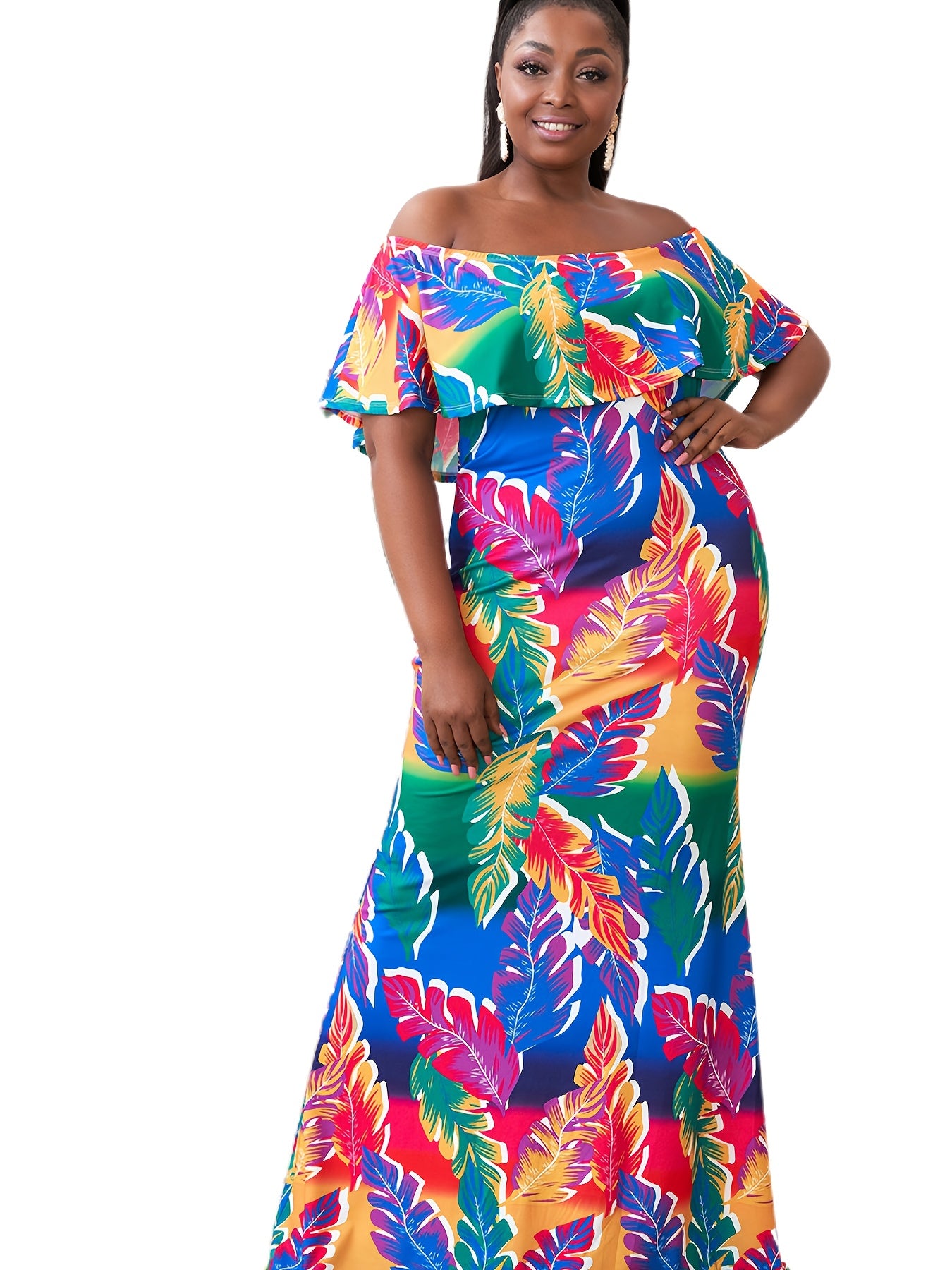  Colorblock Leaf Print Off Shoulder Maxi Dress