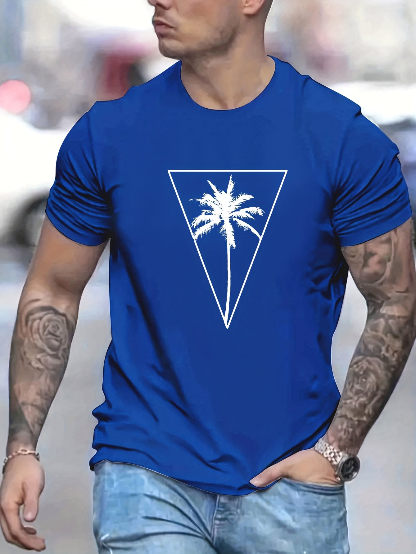 Coconut Palm Print Men's Graphic Crew Neck T-shirt for Summer
