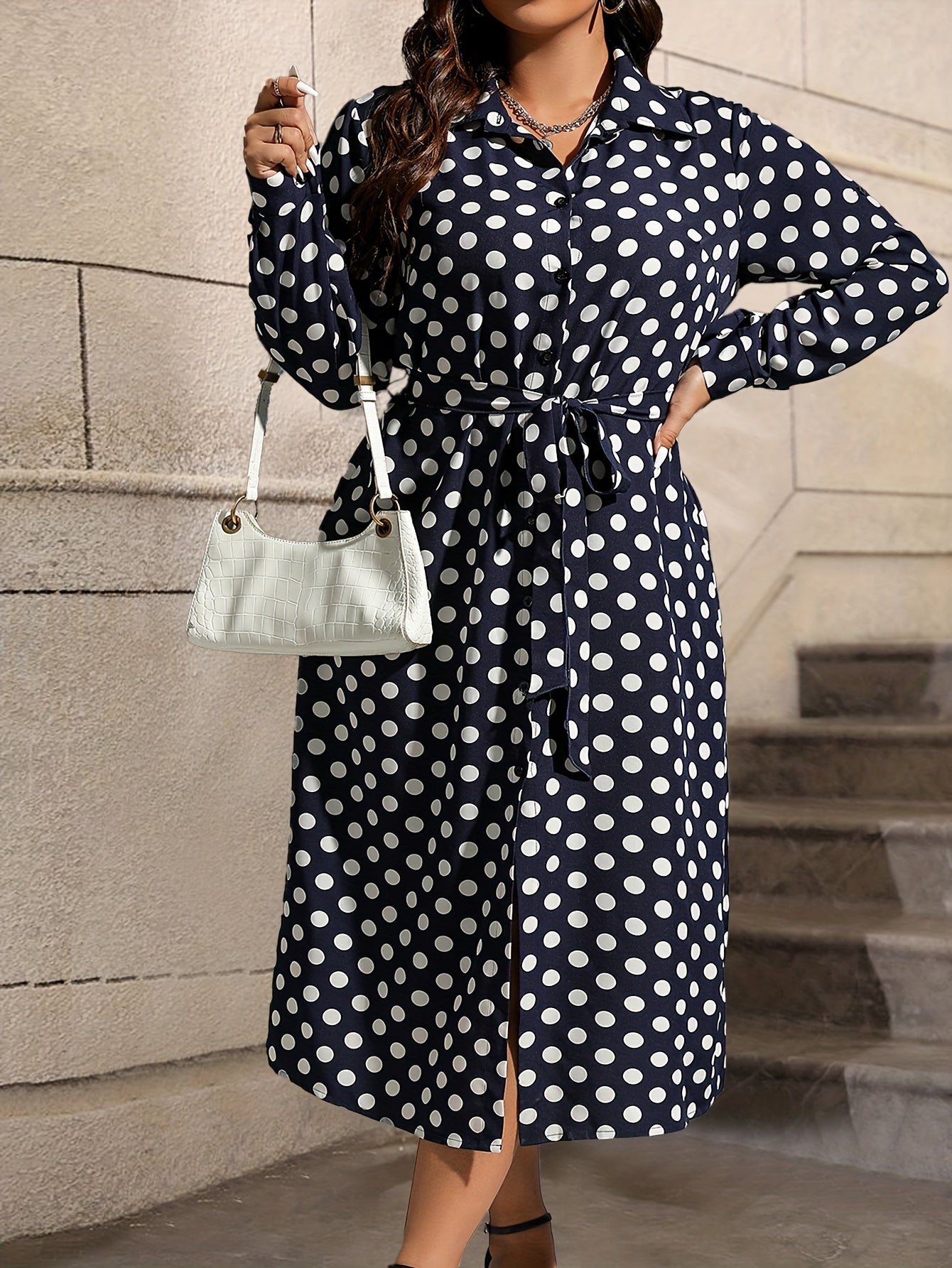  Polka Dot Button Up Long Sleeve Shirt Dress