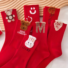 4 Pairs Cartoon Pattern Socks Chinese Year Women's Stockings