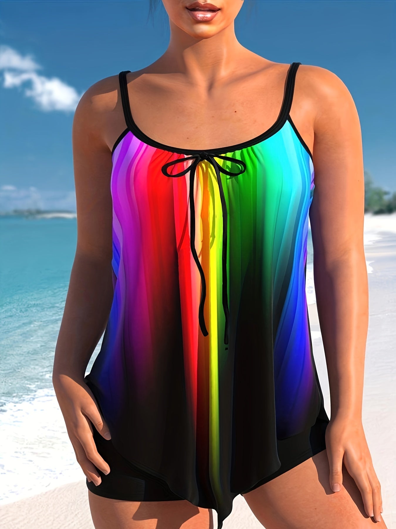  Rainbow Ombre Tankini Set Women's Tie Front Round Neck