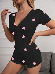 Heart Print Pajama Romper Short Sleeve V Neck Pajamas Women's Lingerie