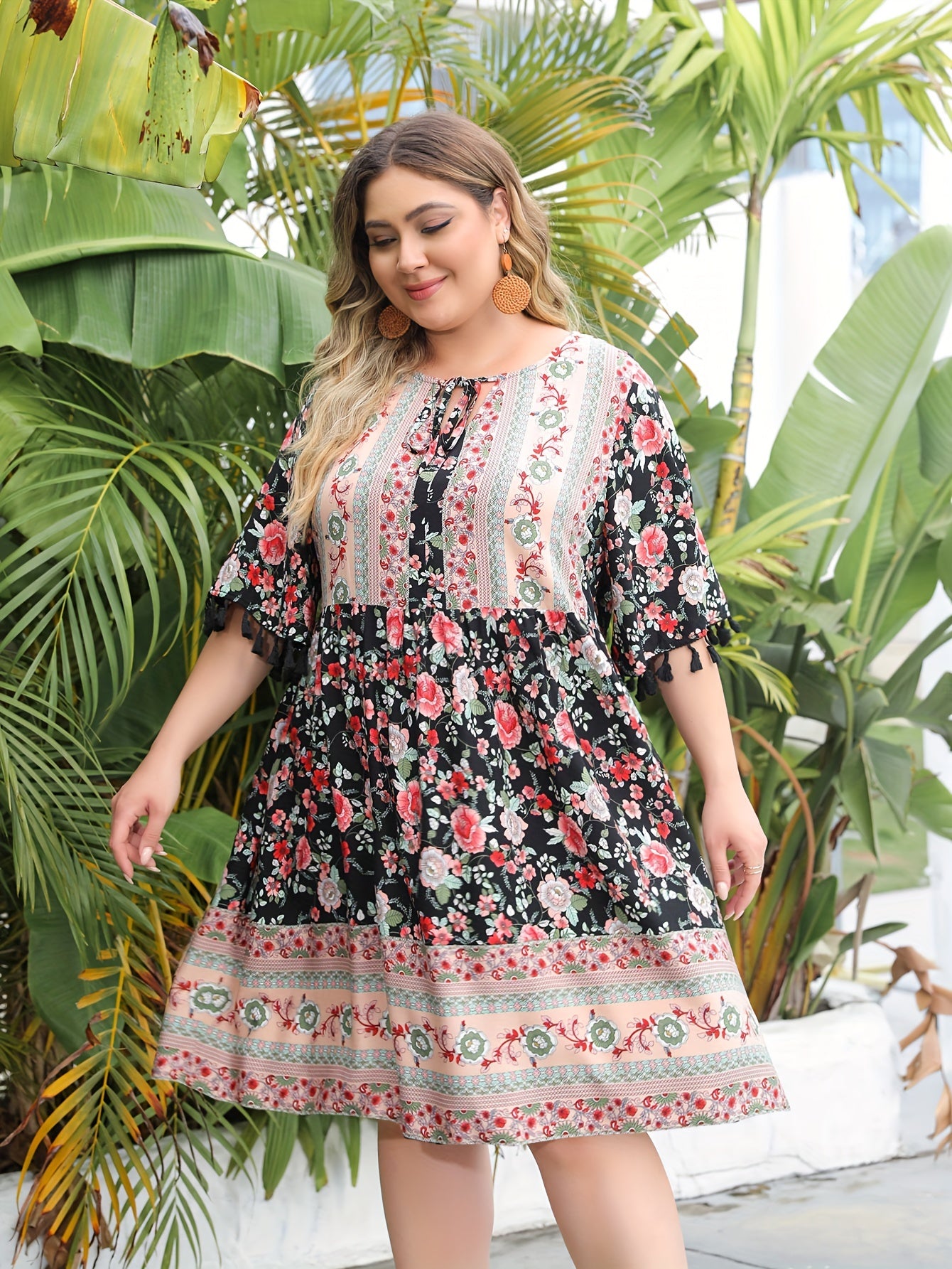  Ethnic Style Dress Women's Plus Colorblock Floral Print Tassel Trim