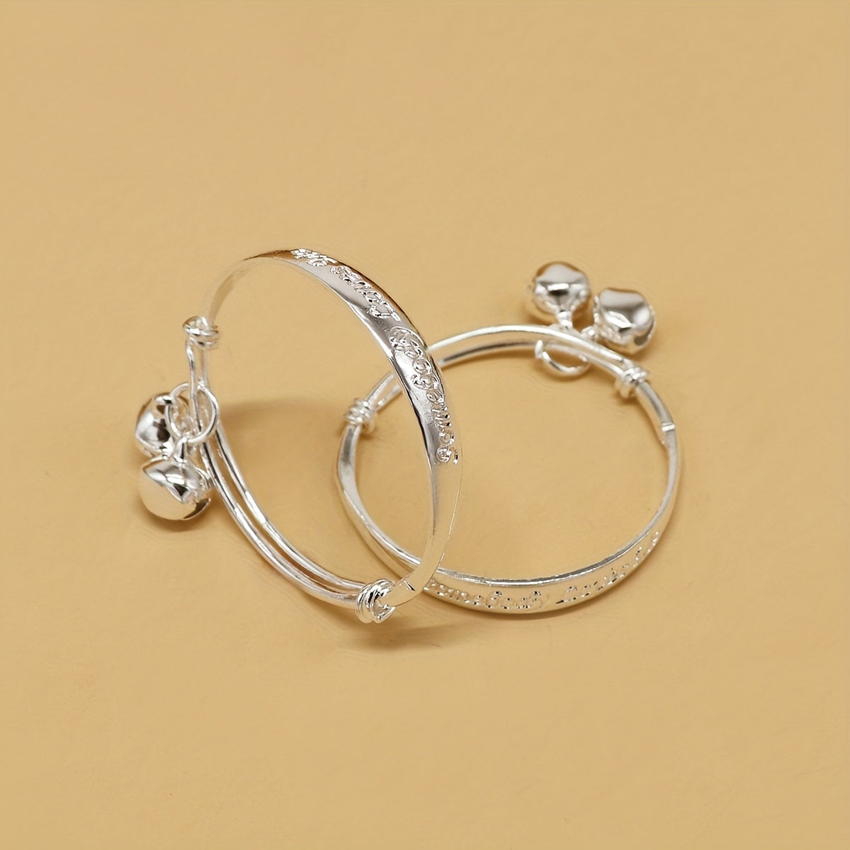 Baby Adjustable Silver Bangle Bracelets With Bell - Gift for Toddler