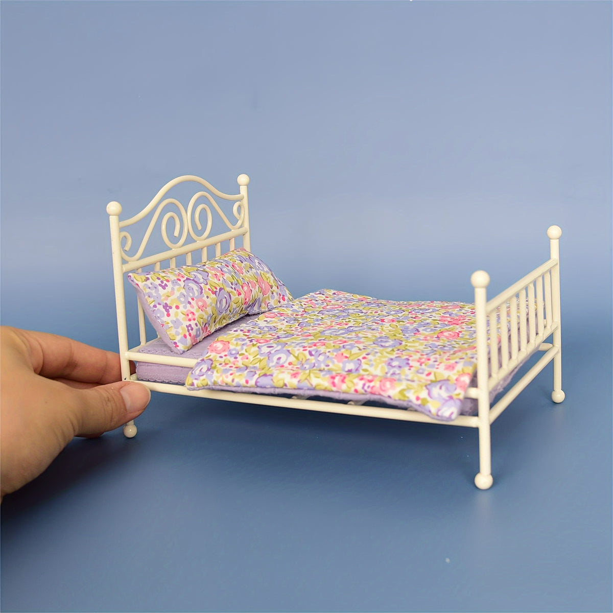 Dollhouse Metal Bed 1:12 Scale Iron Construction with Bedding