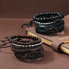 4pcs Set Men's Braided Leather Bracelets Vintage Tree Rudder Charm Brown