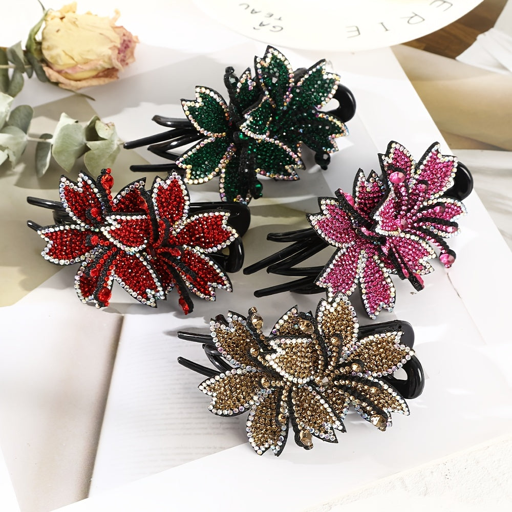 Rhinestone Double Flower Hair Clip Crystal Barrettes Bling Wedding Clips