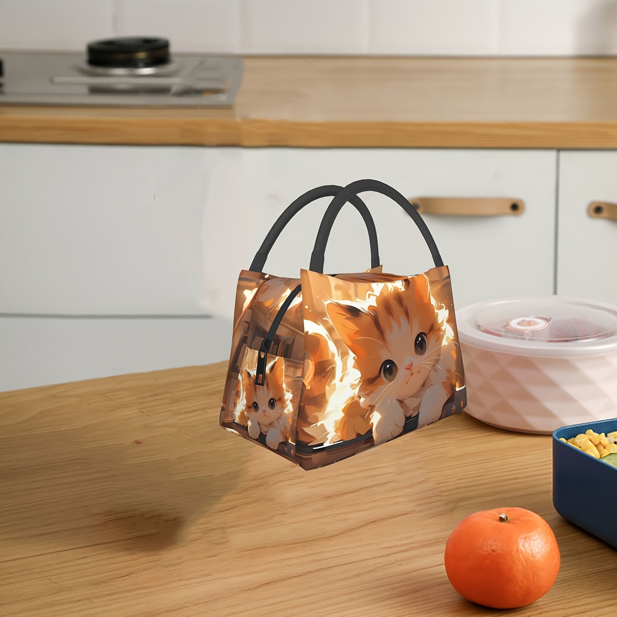 Cat Pattern Insulated Lunch Bag Portable for School Office Picnics