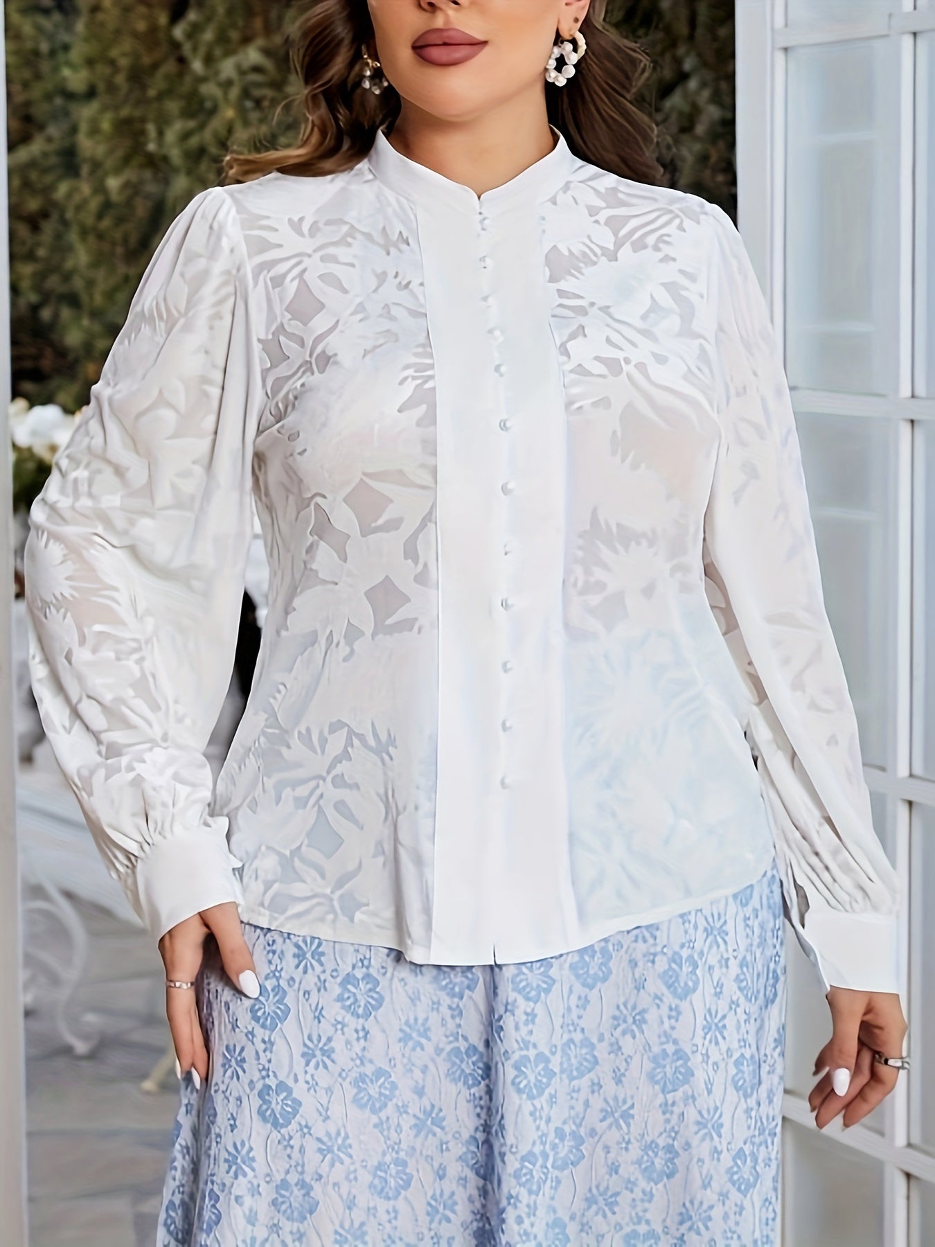  Floral Button Up Lantern Sleeve Blouse