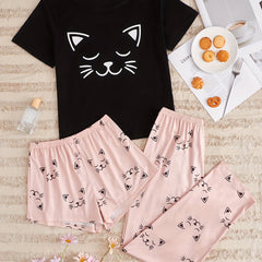 Cat Print Pajamas Set Short Sleeve Crew Neck Top & Shorts & Pants