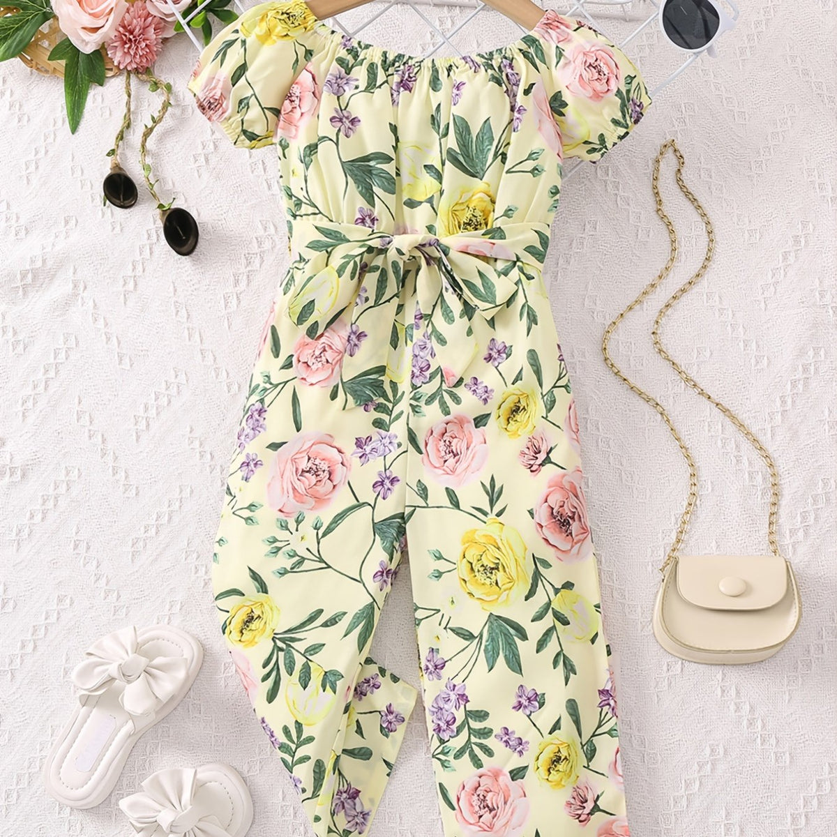 Girls Tropical Floral Off Shoulder Bodysuit With Belt