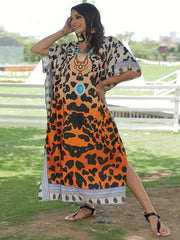  Boho Cover Up V-Neck Geometric Print Batwing Sleeve Split Cover Up