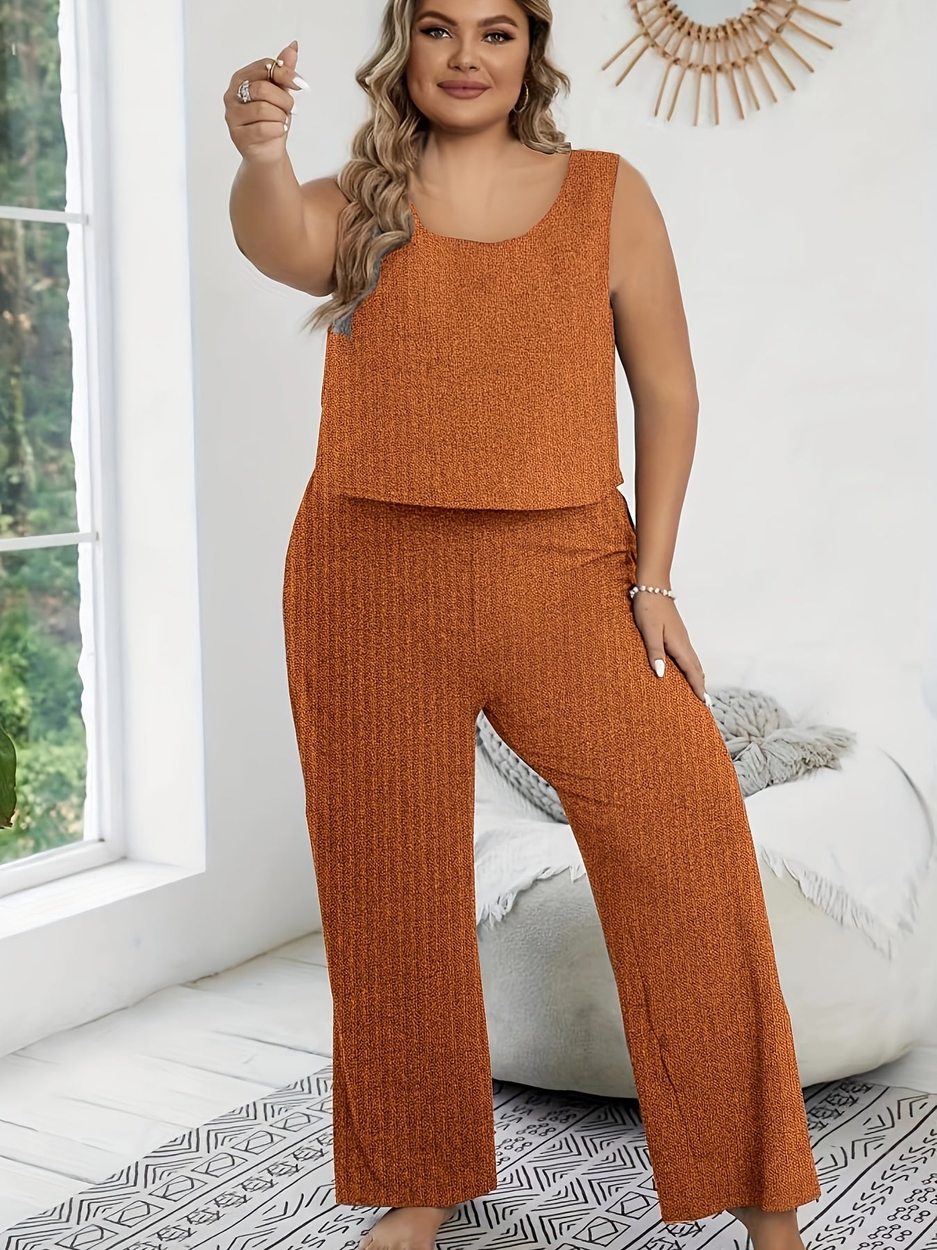  Lounge Set Women's Solid Stretch Crop Tank & Tie Pants Pajama Set