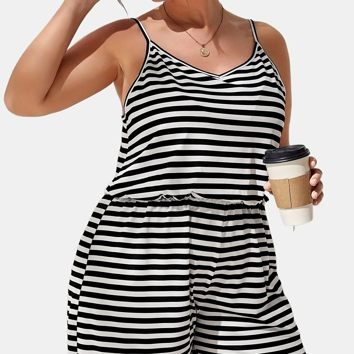  Casual Romper Women's Plus Stripe V Neck Nipped Waist