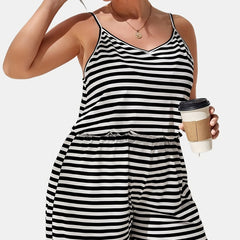  Casual Romper Women's Plus Stripe V Neck Nipped Waist