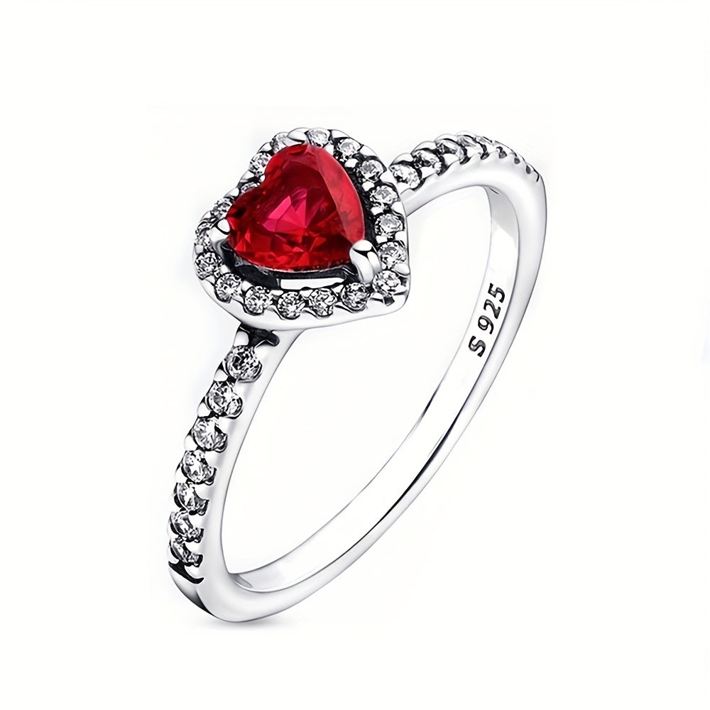 925 Silver Red Love Faux Gemstone Ring Wedding Banquet Jewelry Gift