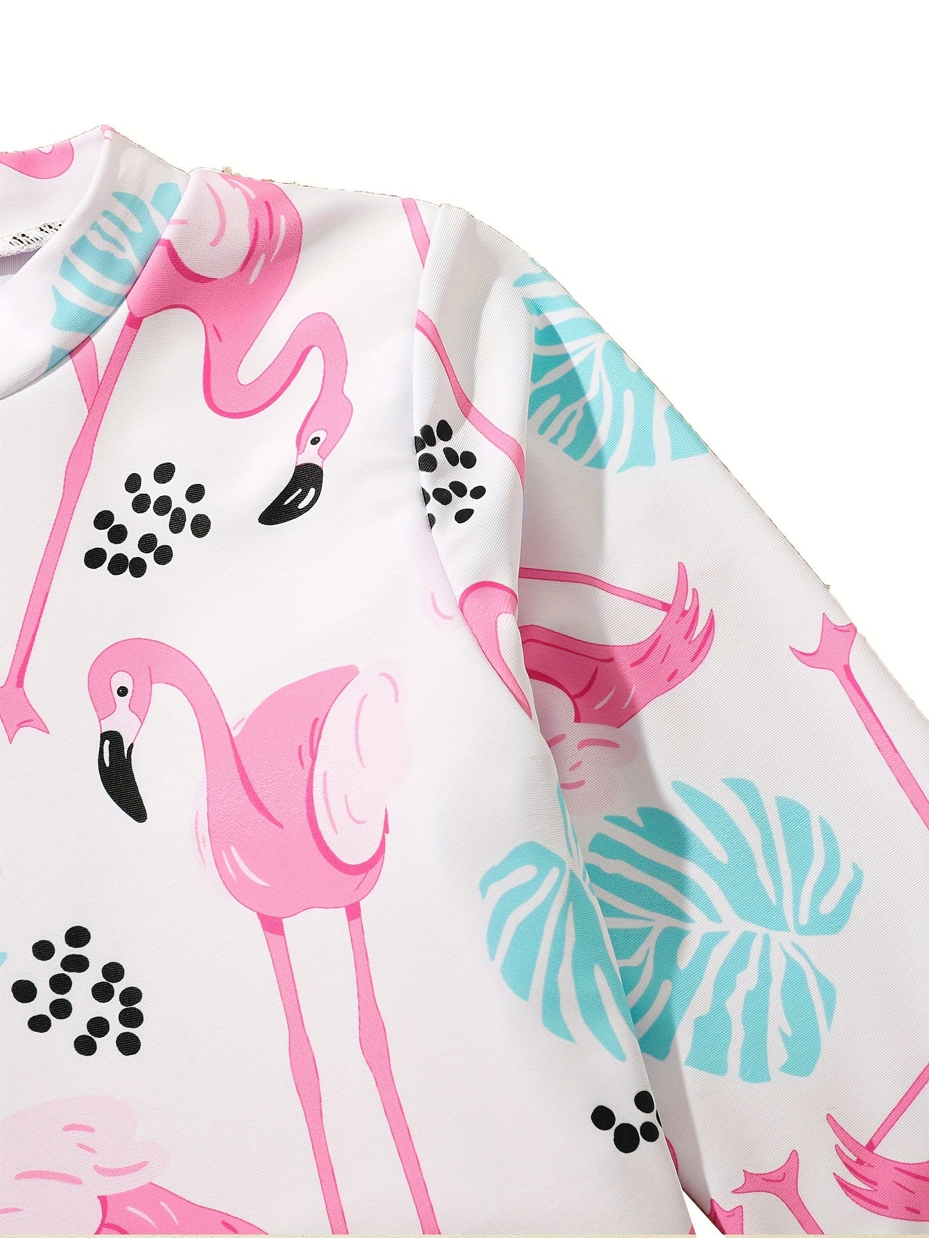 2pcs Girls Flamingo Sporty Swimsuit Set Long Sleeve Top Briefs