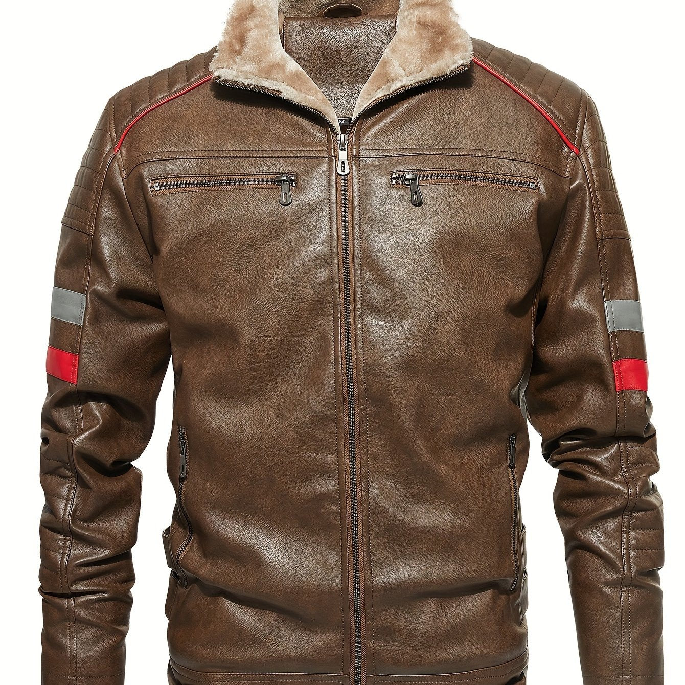 Men's Casual Fleece PU Leather Jacket Stand Collar Biker Jacket