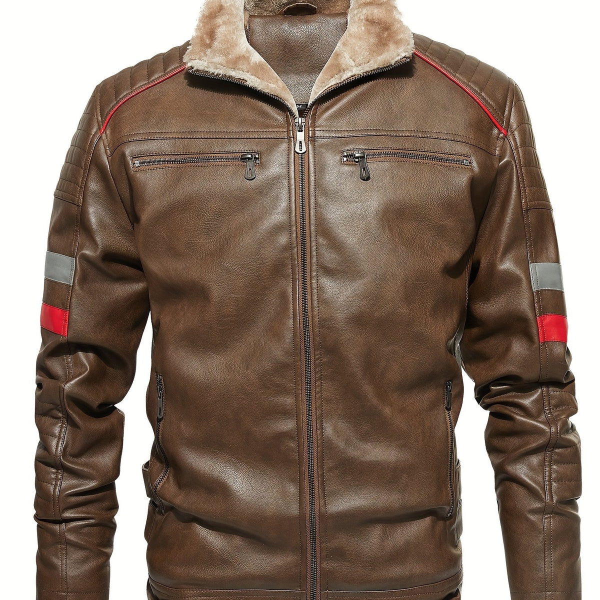 Men's Casual Fleece PU Leather Jacket Stand Collar Biker Jacket