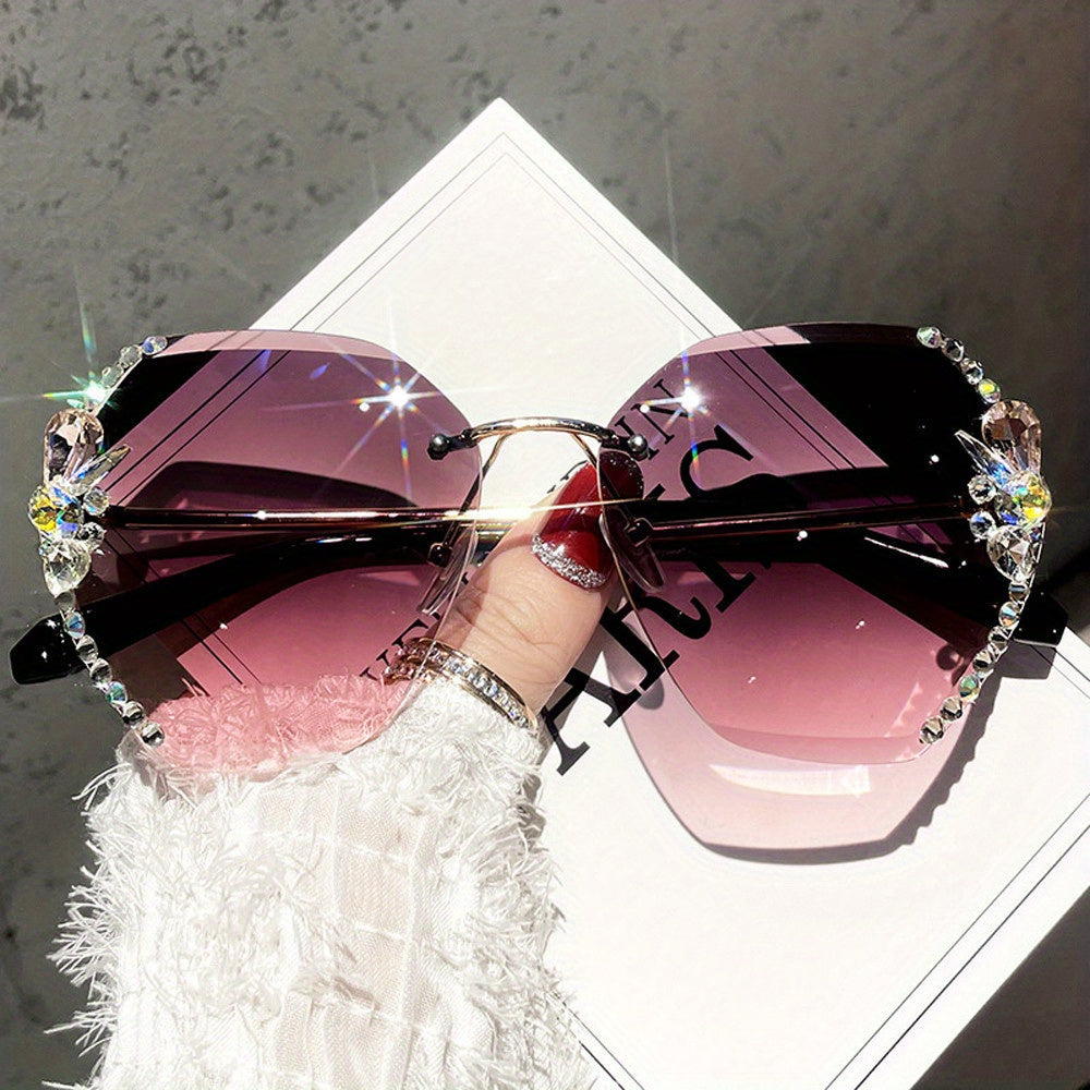 Rhinestone Rimless Sunglasses Large Gradient UV400 Sun Shades