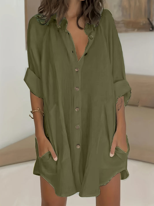  Solid Button Up Roll Up Sleeve Collar Mini Shirt Dress