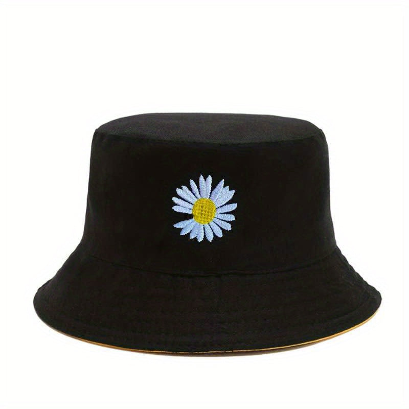 Daisy Flower Embroidery Bucket Hat Reversible Sunscreen Beach Cap Women