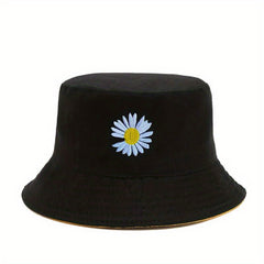 Daisy Flower Embroidery Bucket Hat Reversible Sunscreen Beach Cap Women