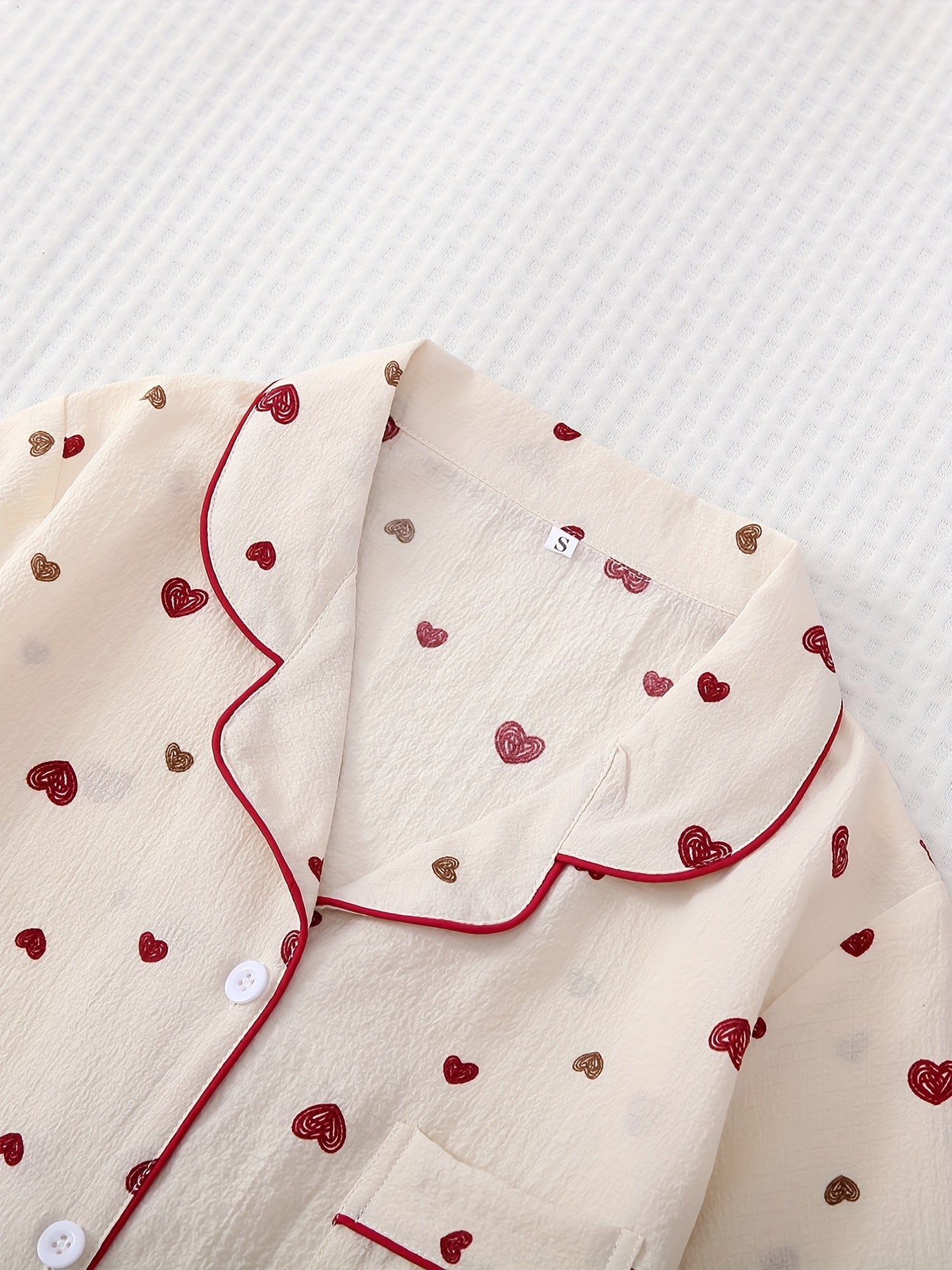 Heart Print Pajama Set Top & Shorts Elastic Waistband Women's Sleepwear