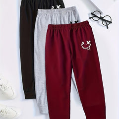 3pcs Boys Smiling Print Active Sweatpants Comfortable Jogger Pants