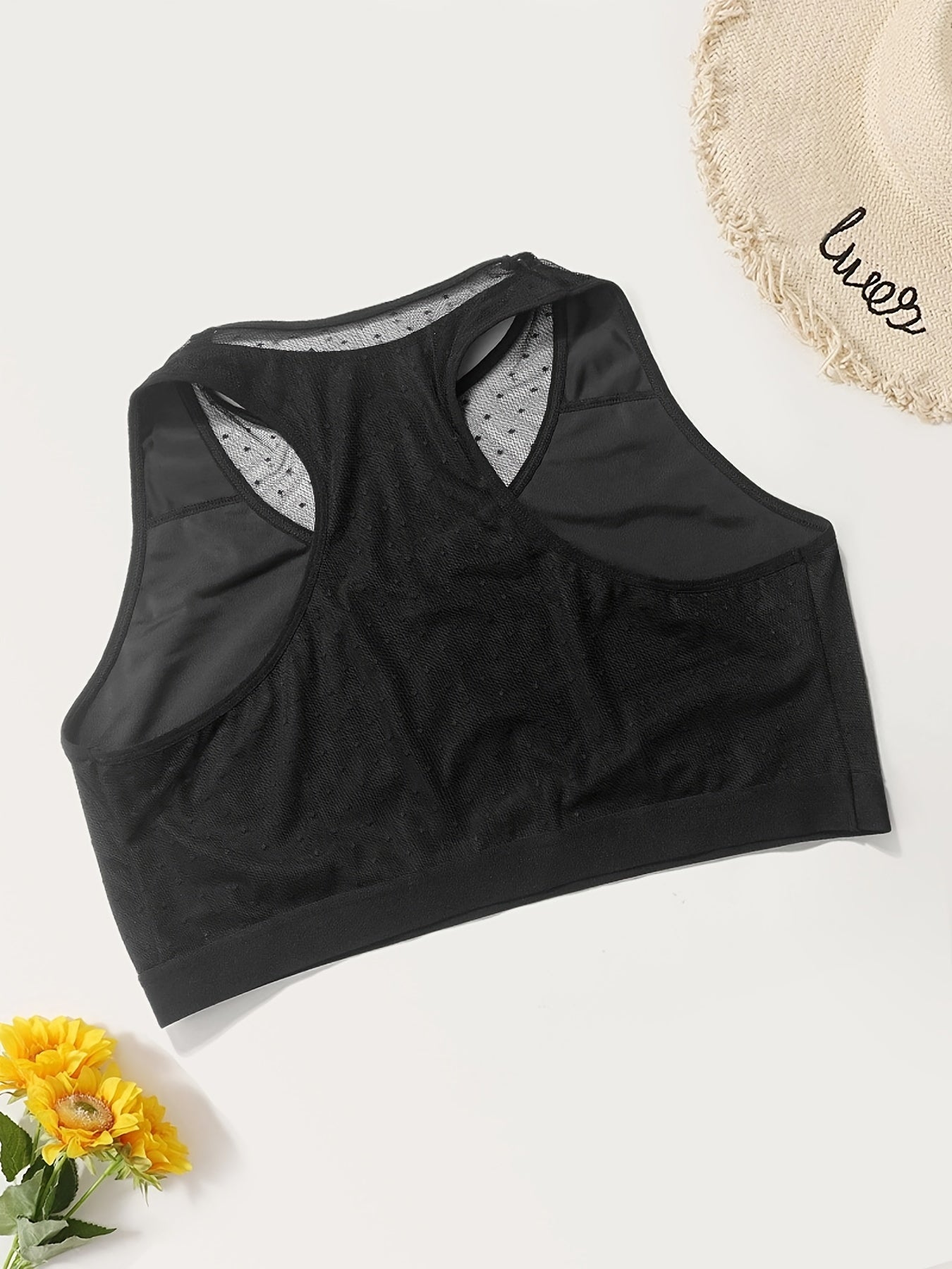  Sports Bra Contrast Dot Mesh Round Neck Stretch Fitness Bra