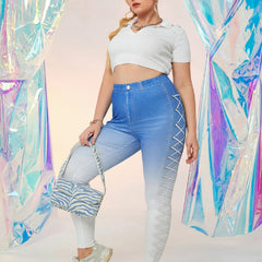  Denim Print High Stretch Leggings Women's Plus Elastic High Waist