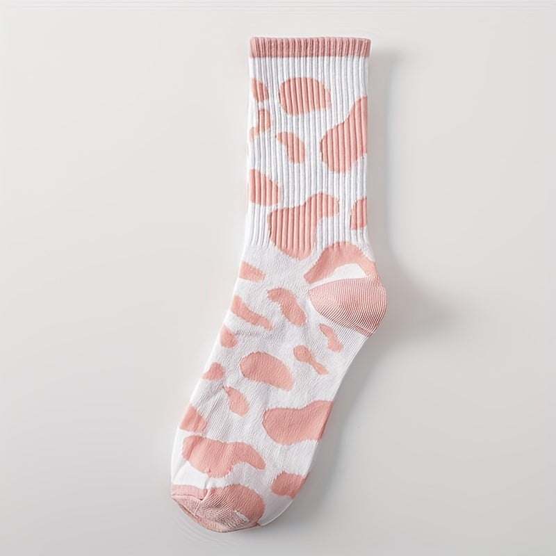 Letter & Cow Spot Print Mid Tube Socks Women's Stockings