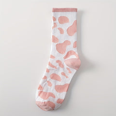 Letter & Cow Spot Print Mid Tube Socks Women's Stockings