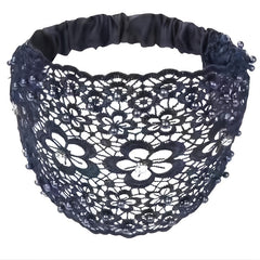 Embroidered Flower Snow Yarn Wide Turban Lace Elastic Hair Band