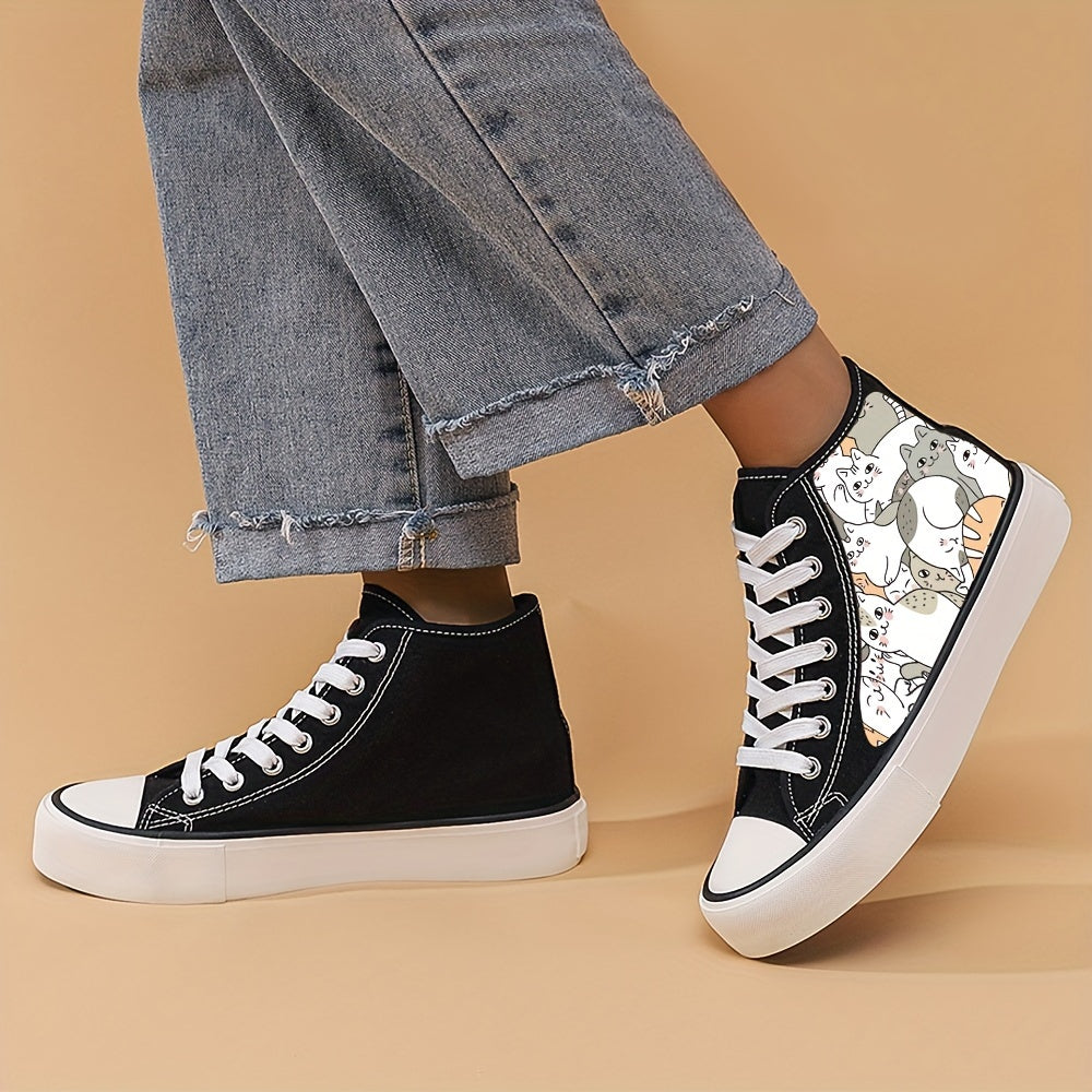 Girl's High Top Cats Pattern Skate Shoes Comfy Non Slip Casual Lace Up Sneakers