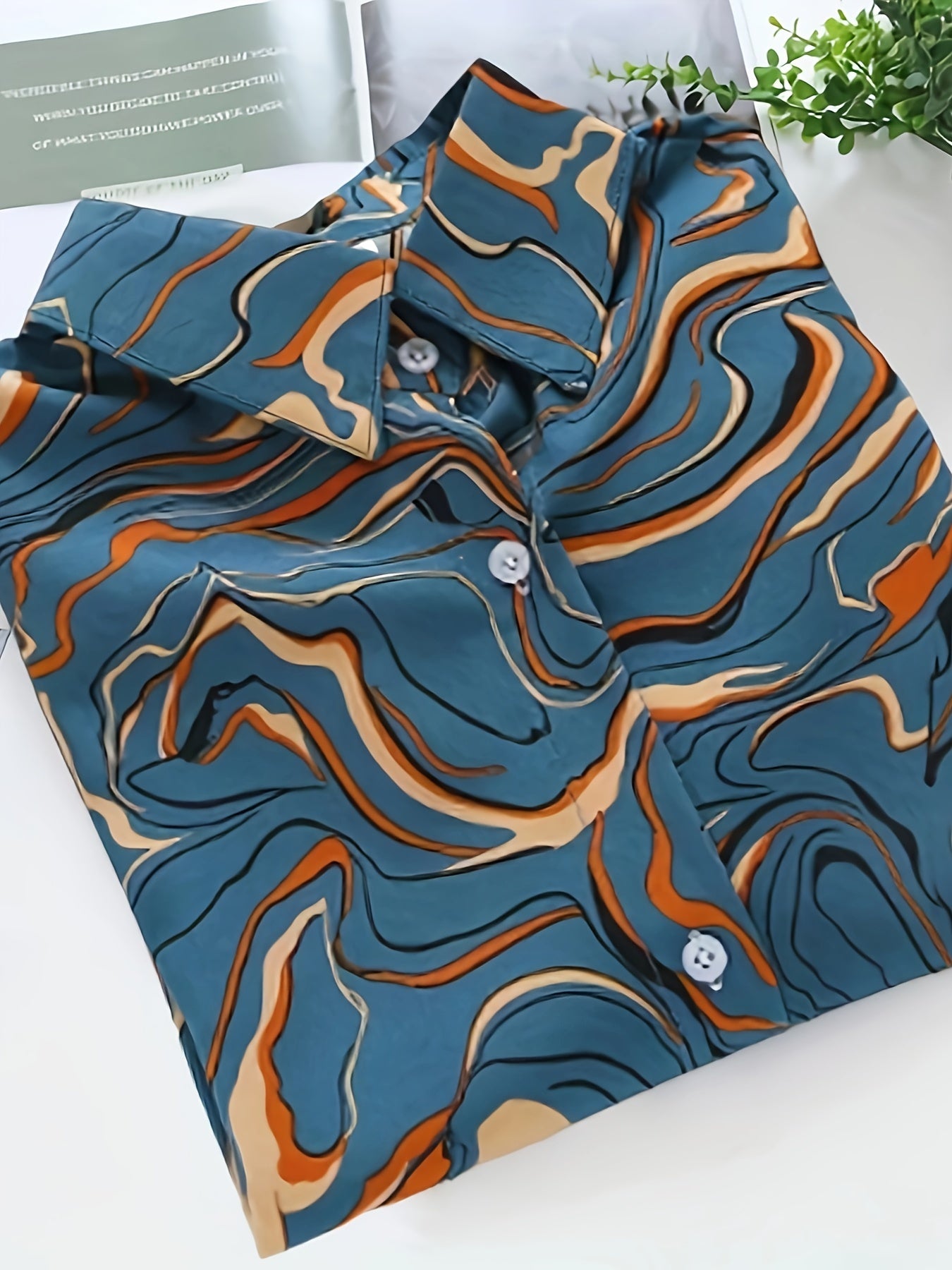  Marble Print Long Sleeve Button Up Collar Shirt