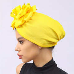 Yellow Flower Turban Cap Casual Head Wrap Breathable Hijab Elastic Chemo Cap