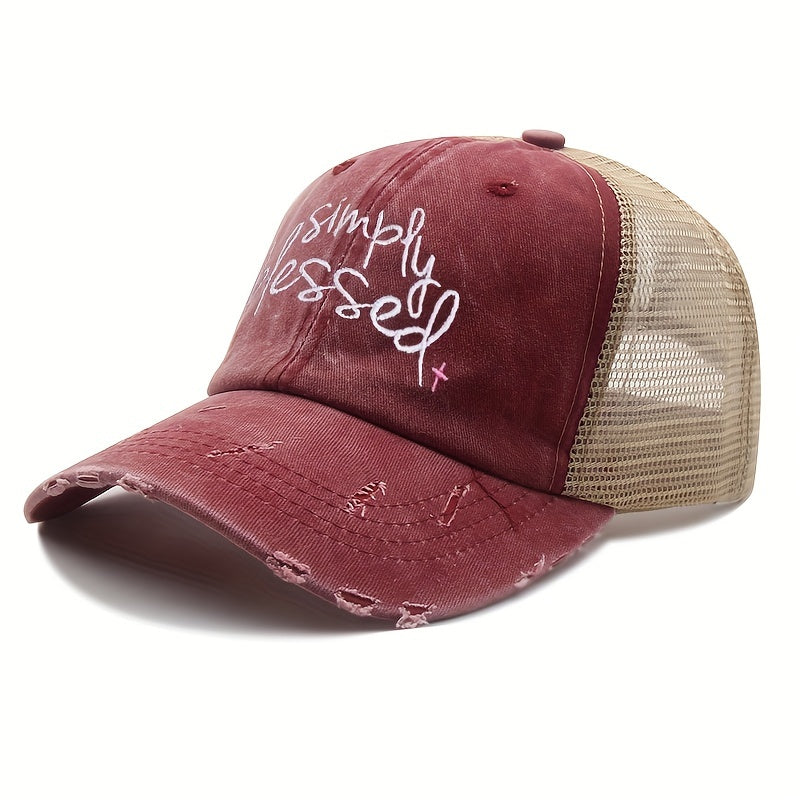 Blessed Ponytail Trucker Hat Embroidered Ripped Washed Distressed Baseball Cap