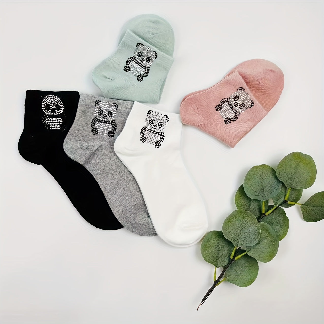 5 Pairs Panda Rhinestone Socks Crew Short Socks Women's Stockings