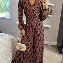  Stripe Print Lantern Sleeve V Neck Jumpsuit