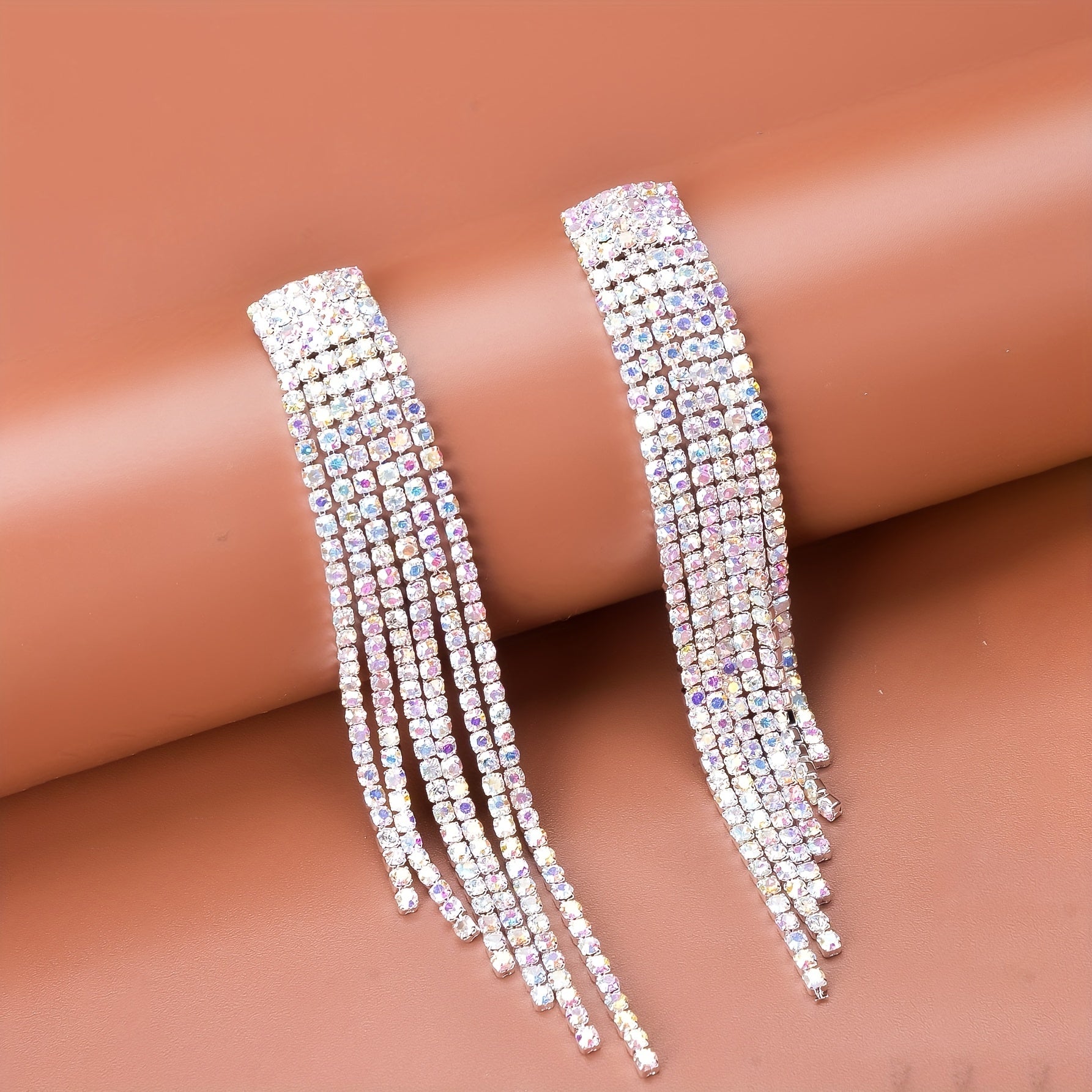 Sparkling Rhinestone Tassel Earrings Copper Silver Plated