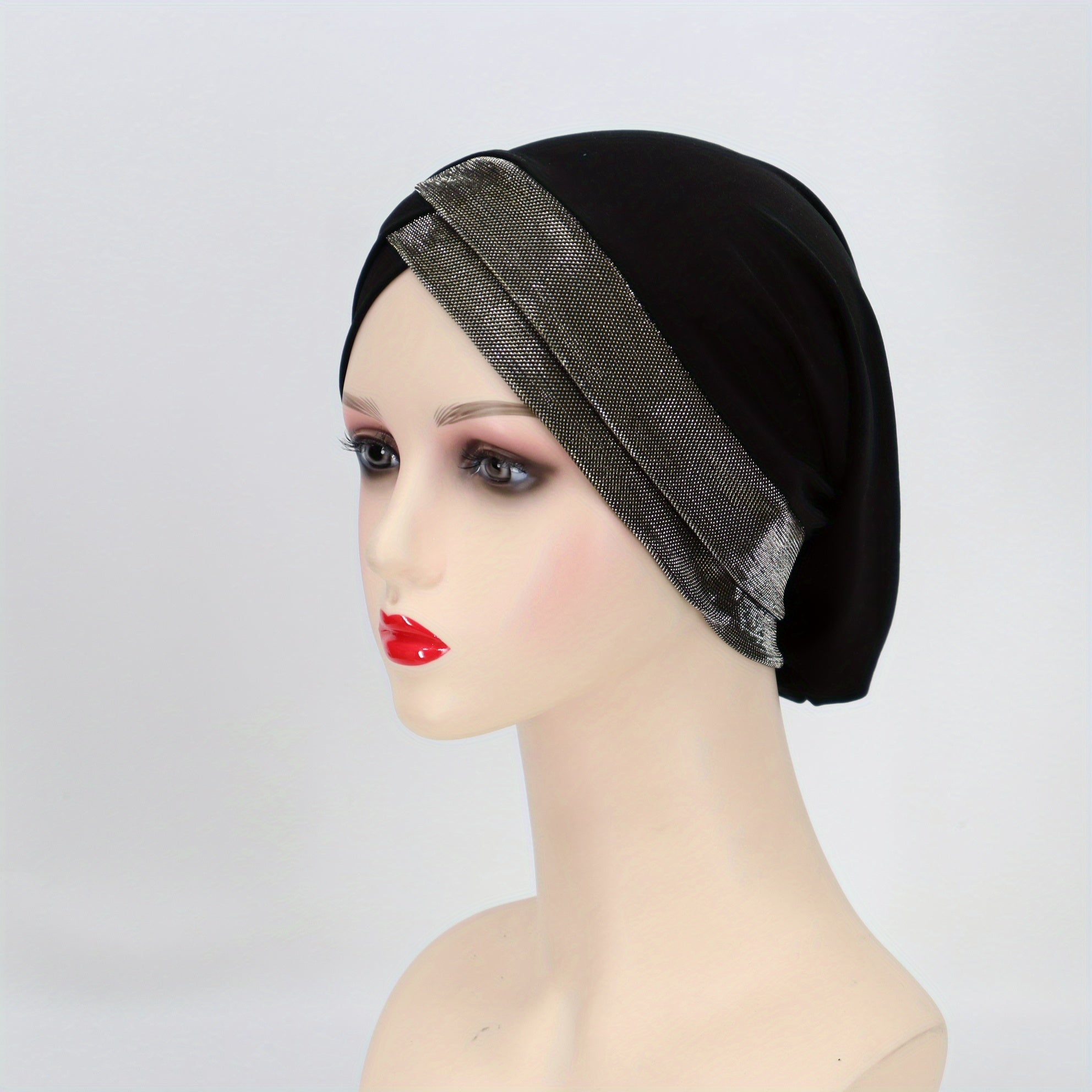 Glitter Forehead Cross Turban Cap Solid Head Wrap Bandana Headwear