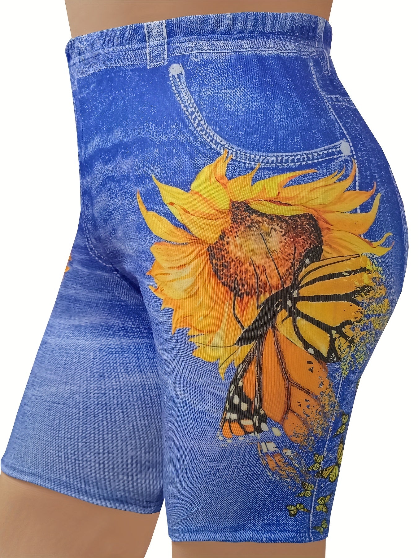Women's Plus Denim & Sunflower Print High Rise Skinny Shorts